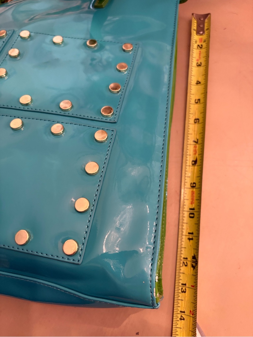 Chocolate Blue Patent Tote with Green Handles and Gold Studs - Picture 3 of 5